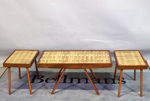 Richard Mead Rhodesia, a set of three 20th century hammered brass occasional tables, the largest 82cm wide x 41cm high, (3).