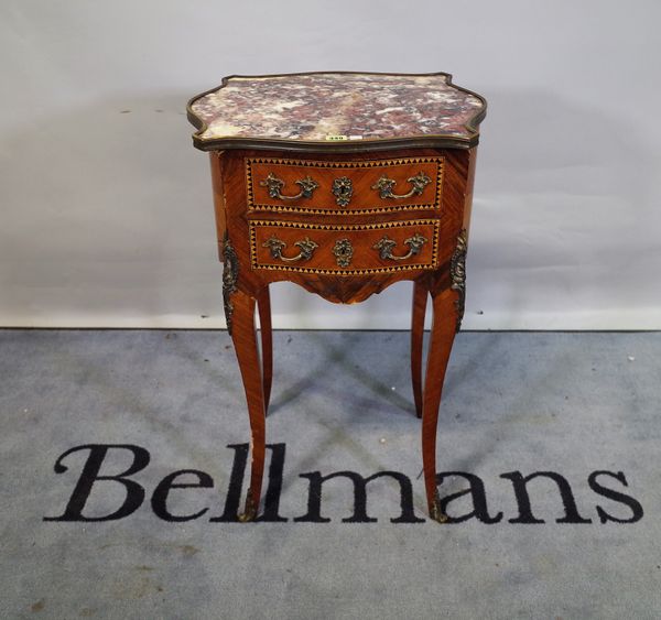 A 19th century French serpentine marble topped ormolu mounted two drawer side table on outswept supports, 50cm wide x 83cm high.