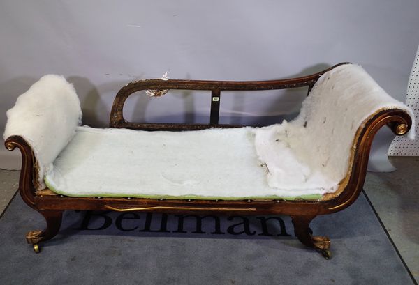 A 19th century French faux rosewood chaise longue with double scroll ends on swept sabre supports, 165cm wide x 77cm high, (a.f.).