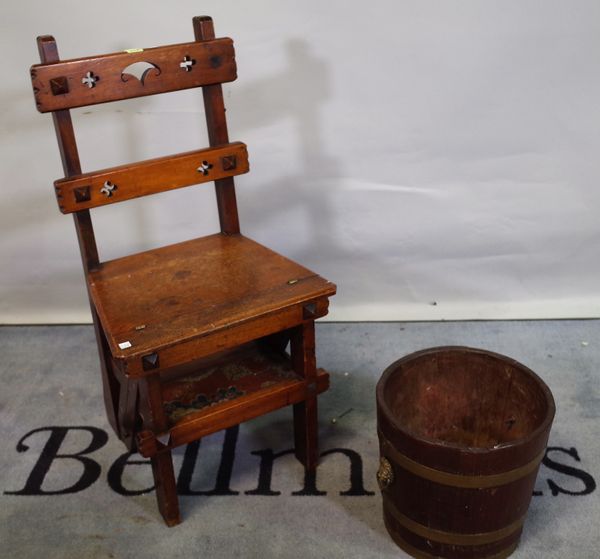 A set of late Victorian mahogany folding library steps and a 19th century oak brass bound bucket, 30cm wide x 37cm high, (2).