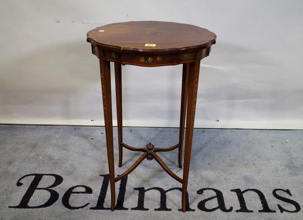 William T White; a late 19th century satinwood occasional table with painted floral decoration, 45cm wide x 70cm high.