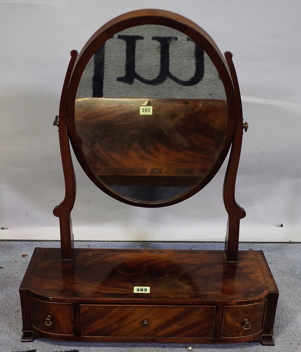 A Regency mahogany dressing table mirror with bowfront three drawer base, 50cm wide x 66cm high.