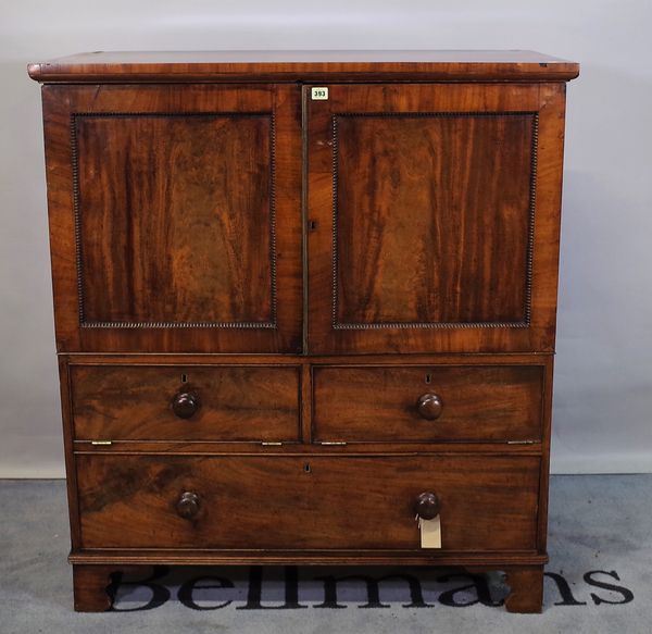 A 19th century mahogany squat linen press converted to a cabinet on bracket feet, 108cm x 120cm high.