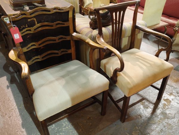 An 18th century mahogany wavy ladder back carver chair, a similar slat back chair and a George IV mahogany chair, 67cm wide x 94cm high, (a.f.).