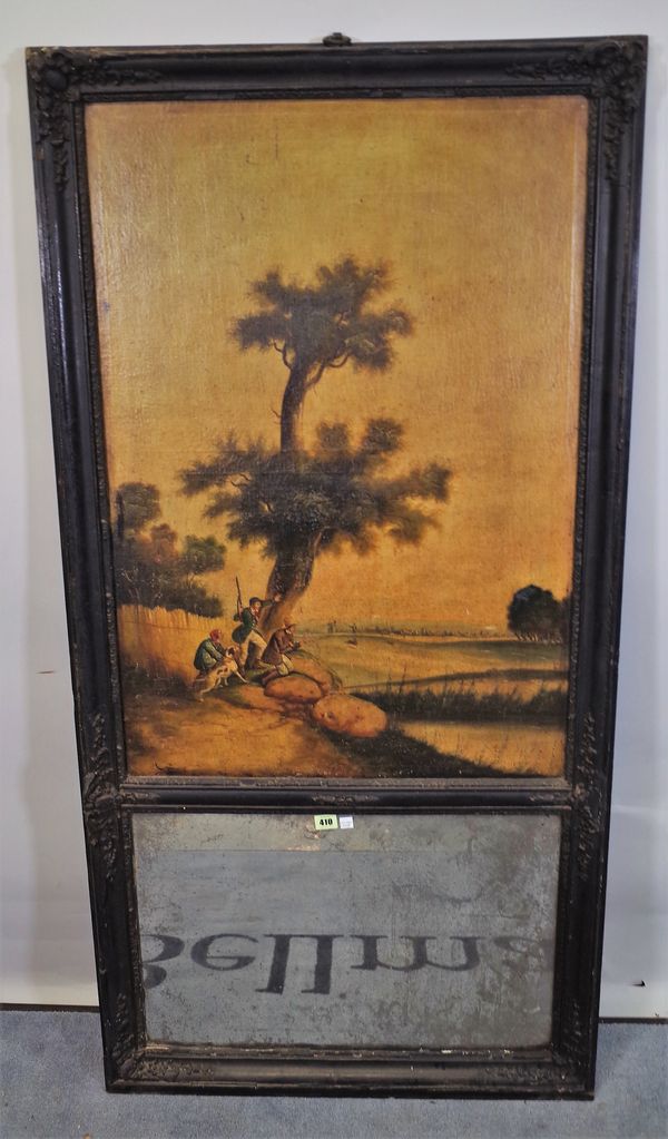 A 19th century French trumeau wall mirror, depicting a hunting scene within a black painted frame, 74cm wide x 149cm high.