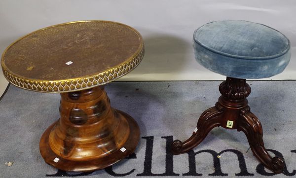 A Victorian mahogany piano stool, 35cm wide x 48cm high, and a 20th century French yew wood brass topped occasional table, 52cm wide x 47cm high, (2).