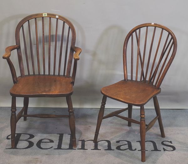 A set of four ash and elm stick back scullery chairs, one stamped T.C to underside, 35cm wide x 87cm high, (4).