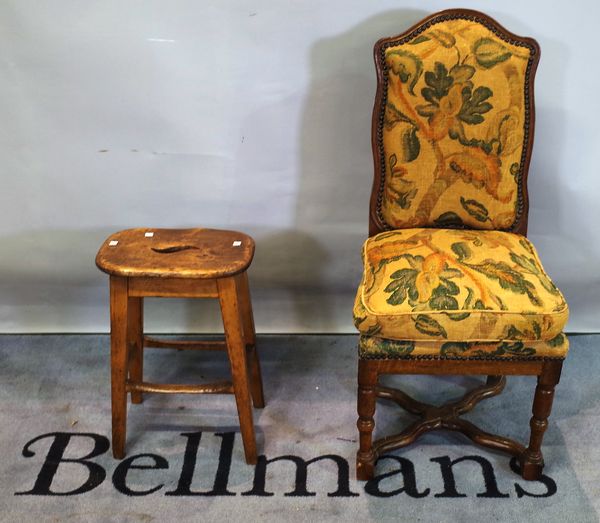 An 18th century French side chair on 'X' frame base and a 20th century elm and pine stool, 35cm wide x 51cm high, (2).