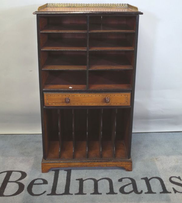 A Victorian walnut and chequer strung music cabinet, typical arrangement of shelves, dividers and drawer, on plinth base, 75cms wide, 114cms high.