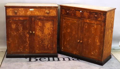 A pair of part ebonised and scumble painted pine side cabinets, each with single drawer over cupboards on plinth base, 92cm wide x 94cm high. (2)