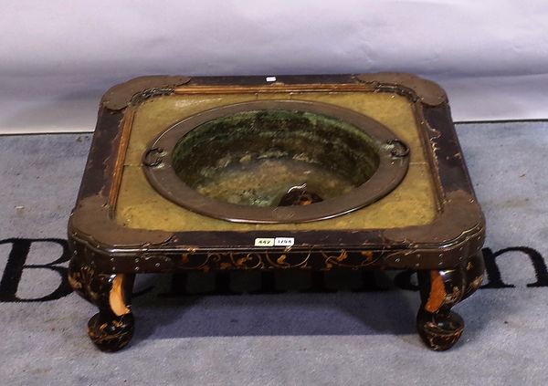 A 19th century Chinese export brass and black lacquer brazier on four splat supports, 72cm wide x 25cm high.