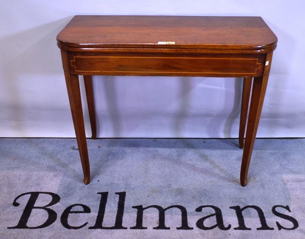 A George inlaid mahogany 'D' shape tea table on tapering square supports, 91cm wide x 73cm high.