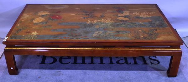 A 20th century Chinese rectangular coffee table, polychrome painted with flowers in a water garden, 159cm wide x 39cm high. 4736