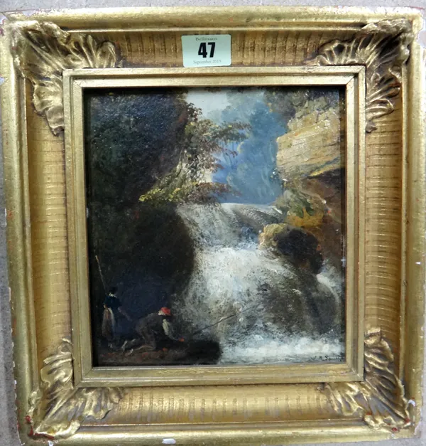 Follower of John Brandon Smith, A waterfall, oil on board, bears a signature, 18.5cm x 18cm; together with an oil on panel farmyard scene and a provin