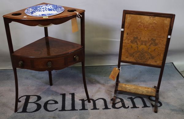 A George III mahogany corner washstand with single drawer, 58cm wide x 83cm high, and a Victorian mahogany framed fire screen, 38cm wide x 79cm high,