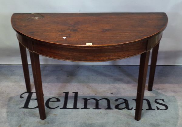 A George III mahogany 'D' end console table on tapering square supports, 120cm wide x 74cm high.