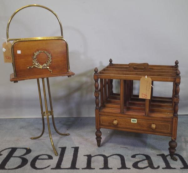 A Victorian four division Canterbury with single drawer, 47cm wide x 54cm high, and a late Victorian mahogany and brass two division magazine rack on