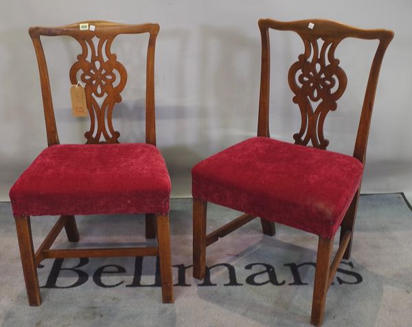 A matched set of seven George III mahogany dining chairs on block supports, 49cm wide x 93cm high, (7).