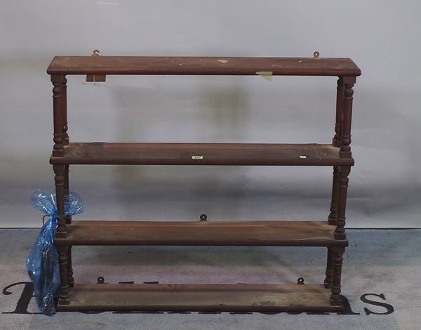 A pair of late Victorian mahogany three tier hanging bookshelves, 91cm wide x 79cm high.