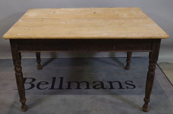 A late Victorian rectangular pine kitchen table on tapering supports, 119cm wide x 73cm high.