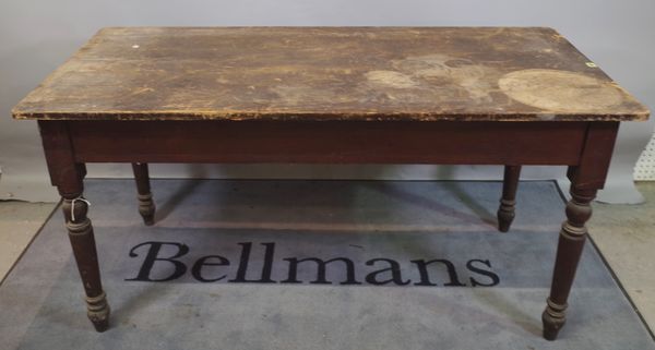 A late Victorian rectangular pine kitchen table on tapering supports, 153cm wide x 76cm high.