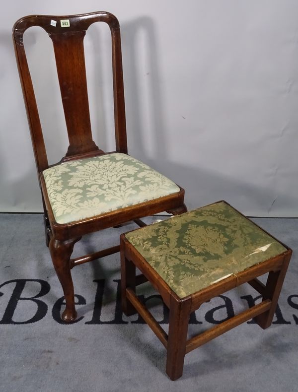 A late 18th century mahogany stool, together with an 18th century oak dining chair, (2).