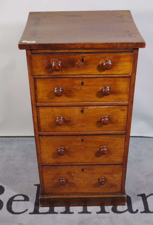 A 19th century mahogany pedestal chest of five drawers on plinth base, 50cm wide x 90cm high.