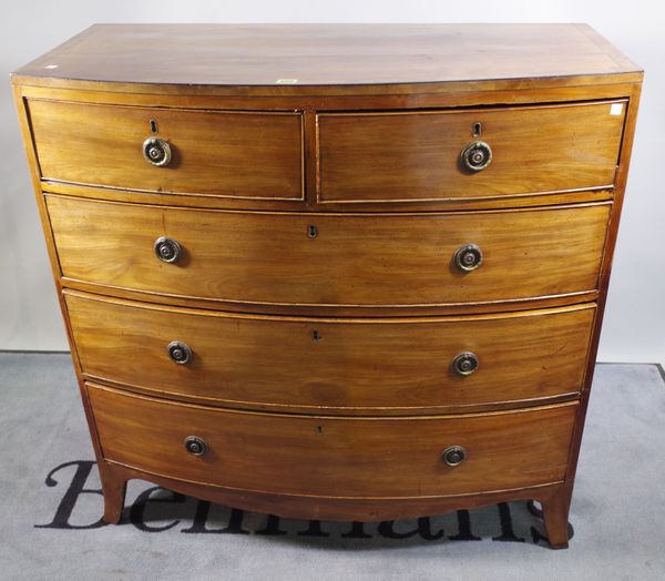 A 19th century mahogany bowfront chest of two short and three long drawers with splayed bracket feet, 104cm wide x 105cm high.