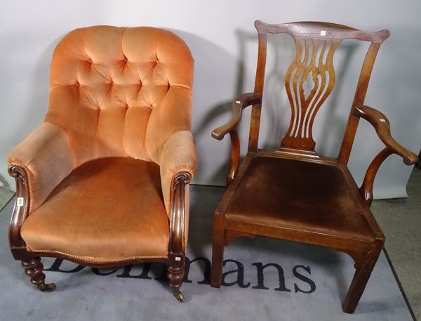 A Victorian mahogany framed peach upholstered armchair, 73cm wide, and a 19th century oak framed armchair.