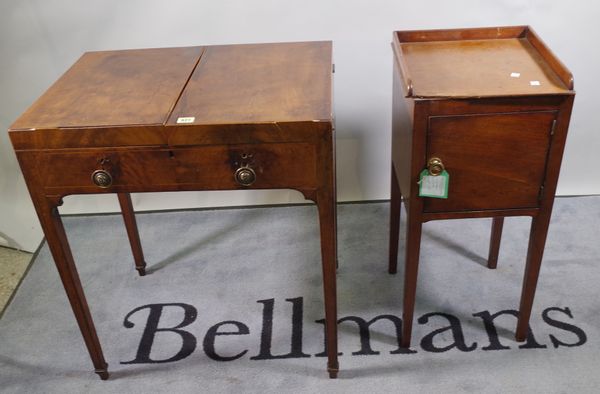 A late 18th century gentleman's wash stand, 70cm wide, and a 19th century mahogany tray top commode, 36cm wide, (2).