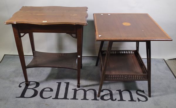 An Edwardian mahogany rectangular two tier occasional table, 59cm wide x 73cm high and a similar square example, 69cm x 54cm.