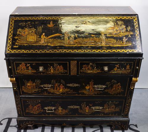 A 19th century oak bureau with later Chinese lacquer decoration, 94cm wide x 99cm high.