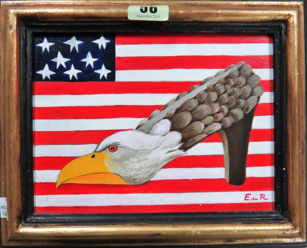 E. di R (20th century), Eagle shoe and American flag, oil on board, signed with initials, 14.5cm x 19cm.