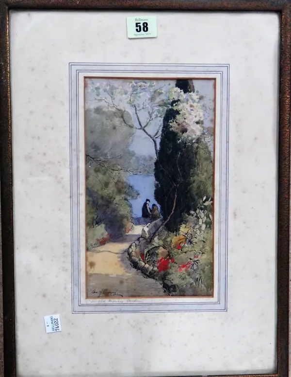 George Henry Downing (b.1878), In Old Monaco garden, pen, ink and watercolour, signed, 23cm x 13.5cm.
