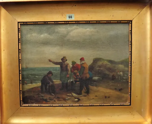 Follower of George Morland, Fisherfolk on the shore, oil on canvas laid on board, bears a signature, 32.5cm x 43.5cm.