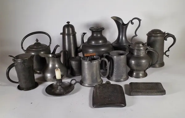 Pewter wares, including; 19th century and later jugs, tankards and sundry, (qty). S3B S5T