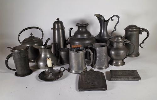 Pewter wares, including; 19th century and later jugs, tankards and sundry, (qty). S3B S5T