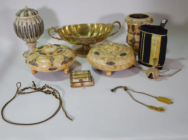 Collectables, comprising; four 20th century bone pots and vases, a brass twin handled centre bowl, falconry hood, tethers and an arm pad, (qty).