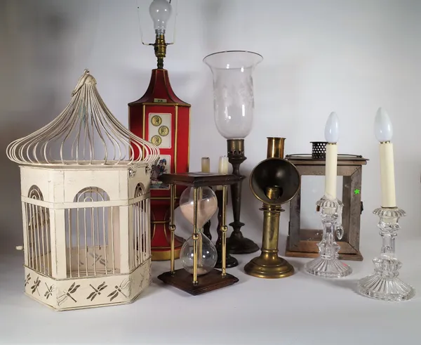 A group of 20th century lamps and lighting, a sand timer and a birdcage, (qty). S2B
