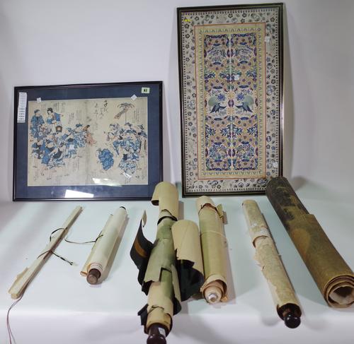 A group of mostly Japanese scrolls all (a.f.). 19th century and later, and two framed pictures, (qty). CAB