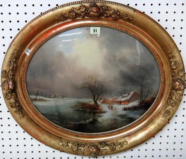 Continental School (19th century), Winter landscape, oil laid on glass, oval, 37cm x 44cm.