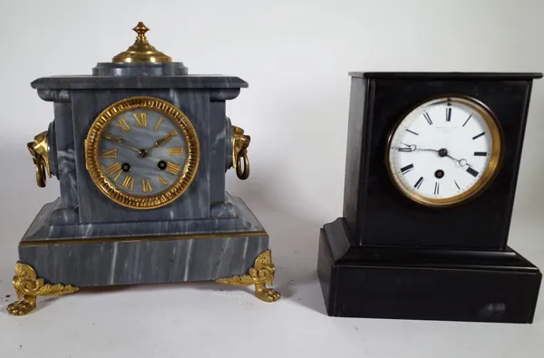A 19th century grey slate mantel clock and a black slate mantel clock, the tallest 28cm high. S3B