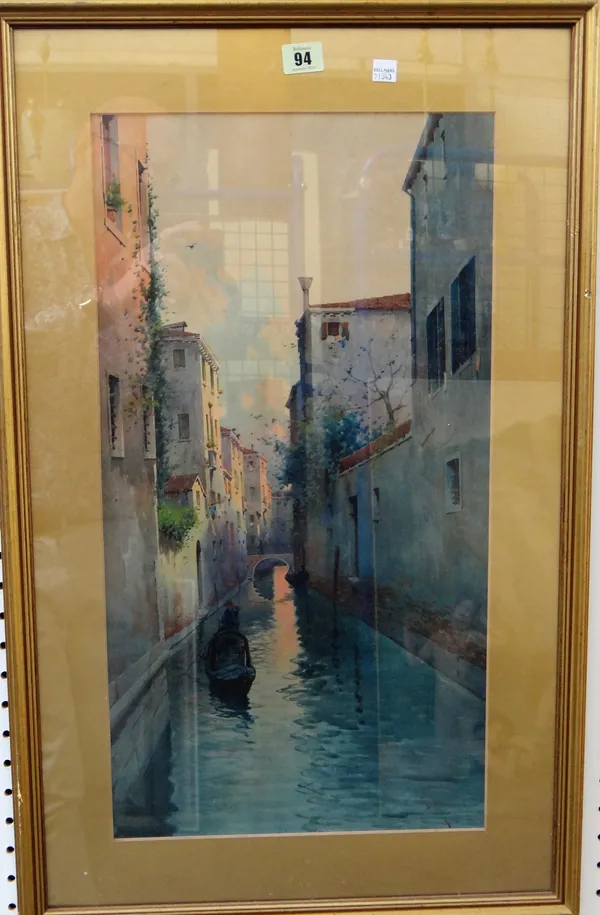 Circle of Eugenio Benvenuti, Venetian backwaters, a pair, watercolour, both indistinctly signed, each 59cm x 31cm.(2)