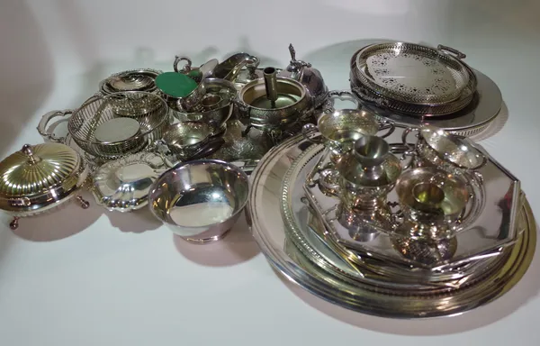 Silver plated wares, including; twin handled trays, octagonal plates, egg cup, jugs and sundry, (qty). S3M