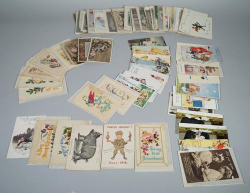 POSTCARDS:  Sentimental and Greetings, includes a few WW1 embroidered silk cards, a collection of approx. 110.