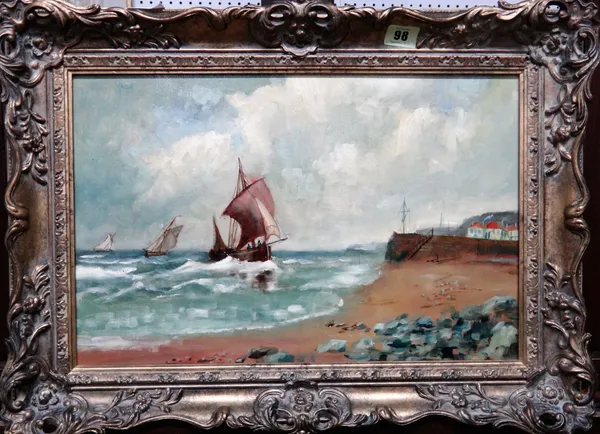 English School (19th/20th century), Vessels at sea; Vessels off the coast, a pair, oil on canvas, each 28cm x 43cm.(2)