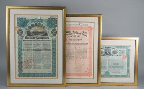SCRIPOPHILY:  a group of three Railway Company Share Certificates, includes, National Railways of Mexico, 1908, ten shares, 24.5cm x 34cm within mount