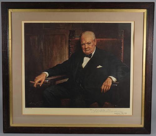 WINSTON CHURCHILL:  a portrait print, 1942, after the oil painting by Arthur Pan, printed facsimile signature, dated 5th December, 1942 and the quotat