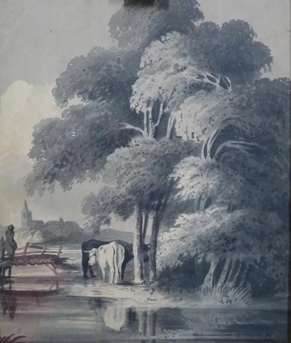 Follower of James Bourne, Cattle watering amongst trees, monochrome watercolour, 25cm x 21cm.