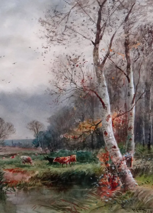 Henry Charles Fox (British 1855-1929), Cattle by a river, watercolour, signed and dated 1924, 36.5cm x 26.5cm.